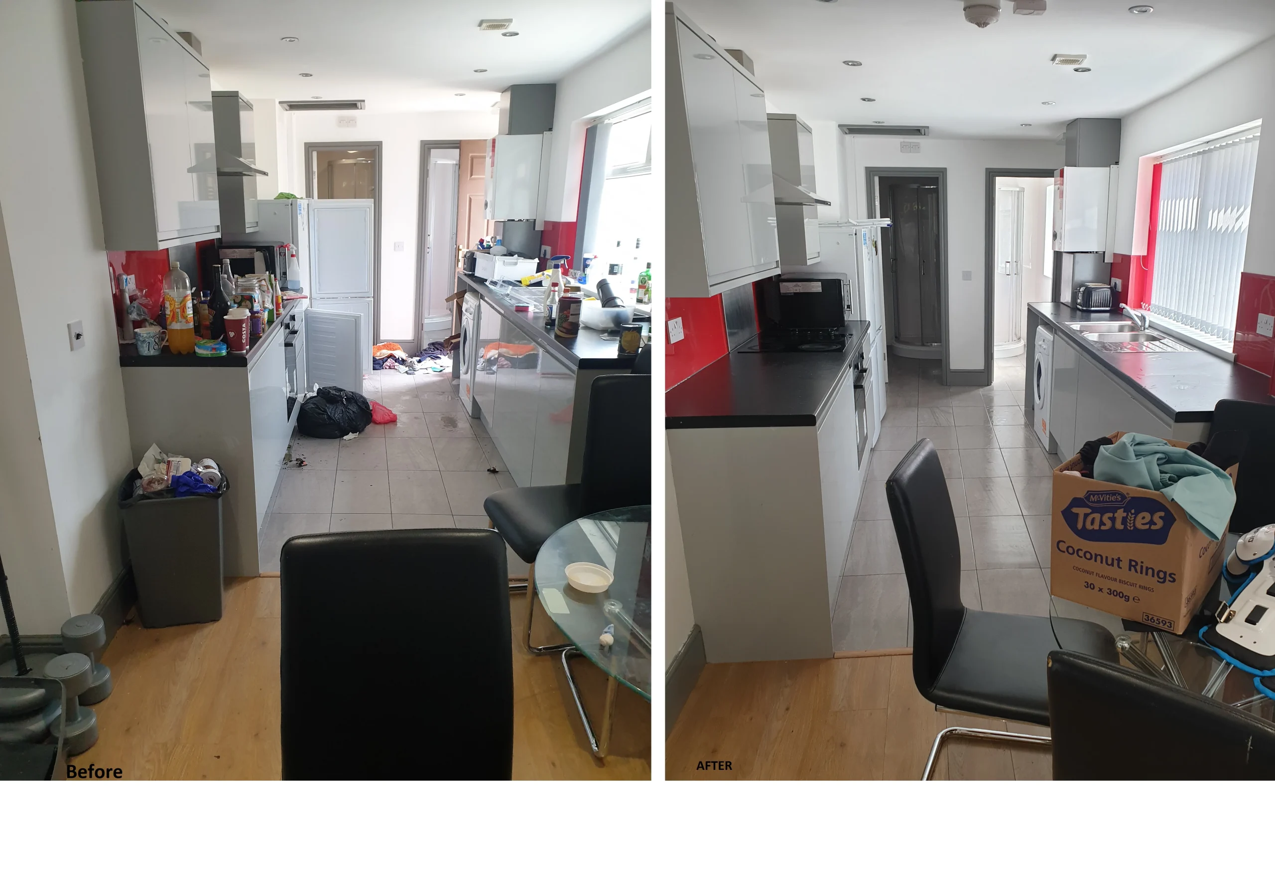 Clean kitchen before and after comparison.